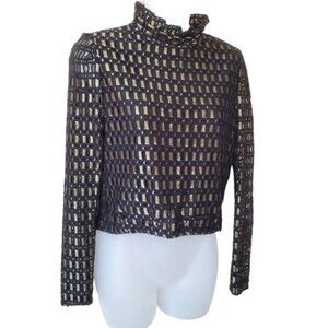 PINK SAPPHIRE Womens Top SZ S‎ Knit Foil Metallic Gold Black Zip Knit Foil
